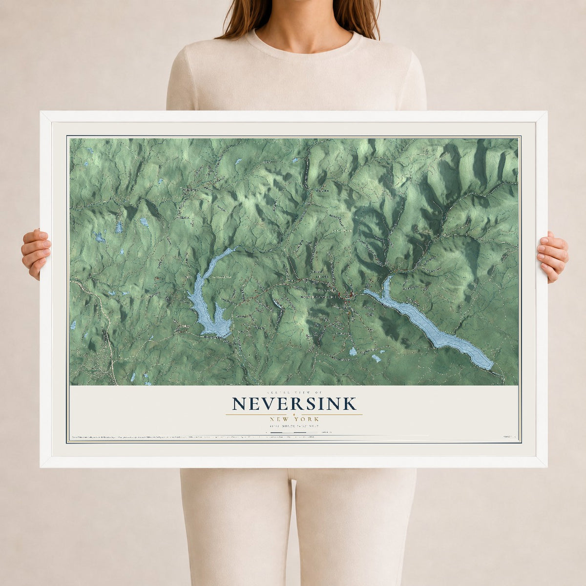 Neversink, New York map print, 24" x 36" W/ White Ayous Wood Frame mockup