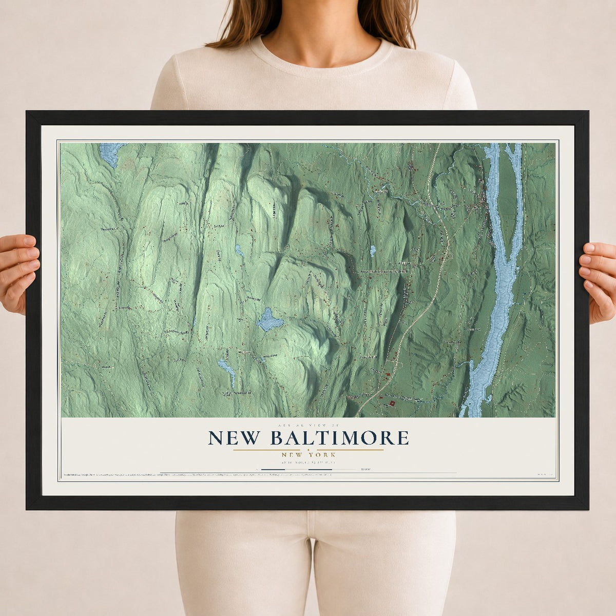 New Baltimore, New York map print, 18" x 24" W/ Black Ayous Wood Frame mockup