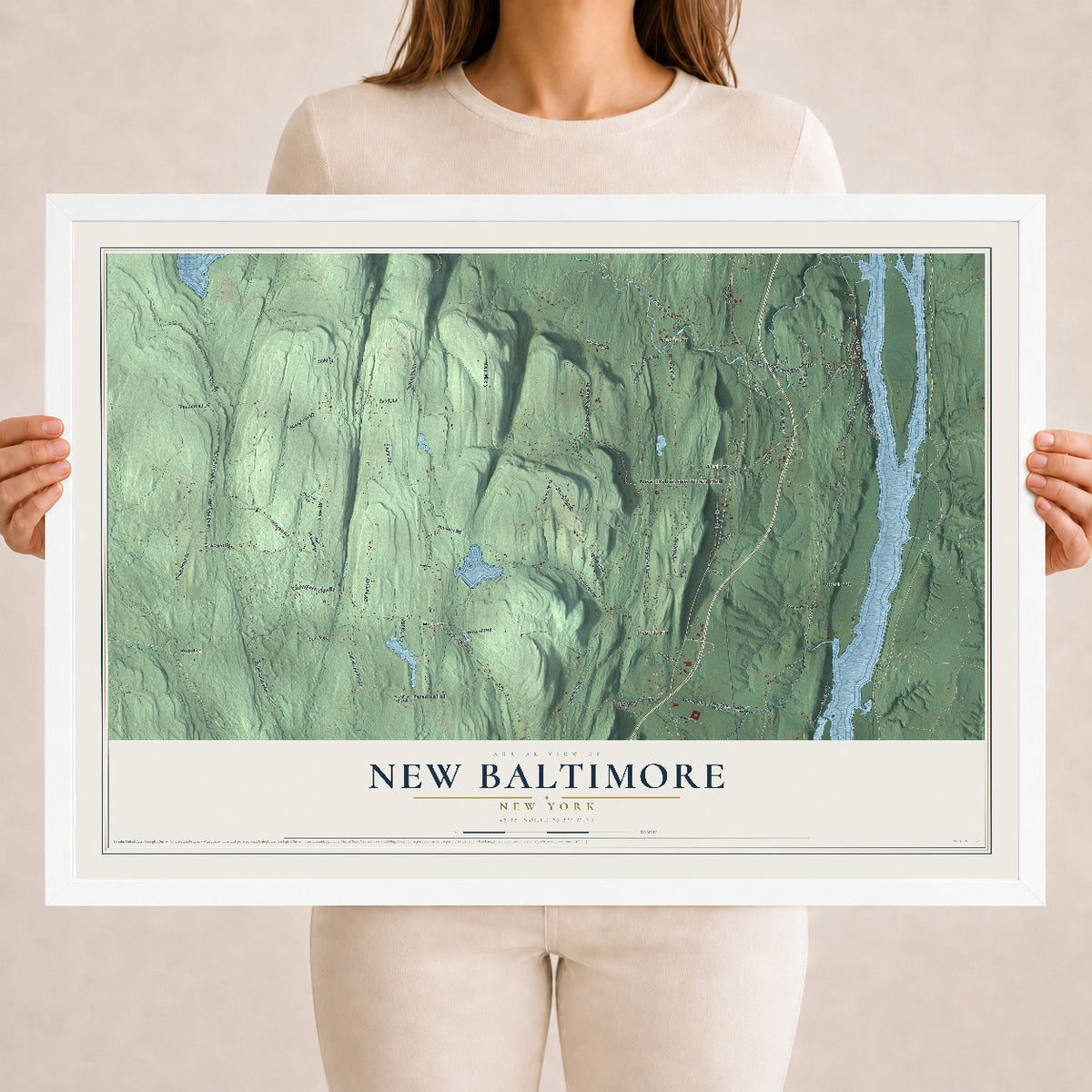New Baltimore, New York map print, 18" x 24" W/ White Ayous Wood Frame mockup