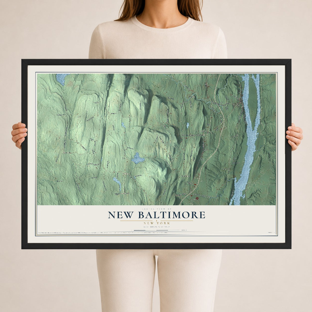 New Baltimore, New York map print, 24" x 36" W/ Black Ayous Wood Frame mockup