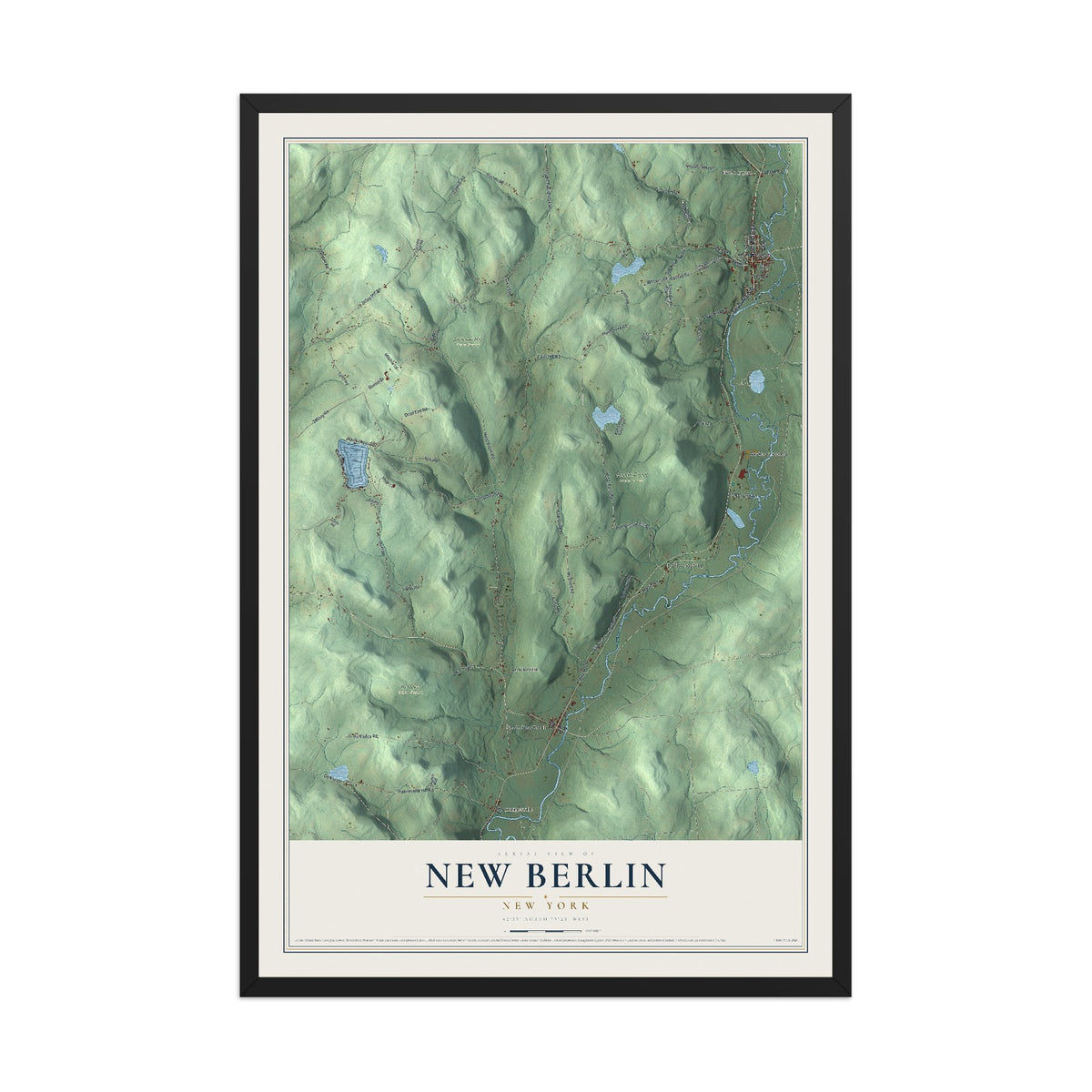 New Berlin, New York map print, 12" x 18" W/ Black Ayous Wood Frame mockup