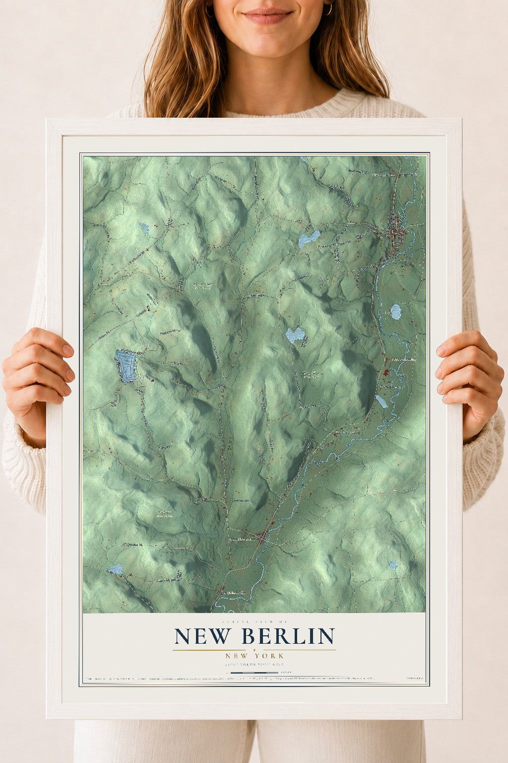 New Berlin, New York map print, 18" x 24" W/ White Ayous Wood Frame mockup