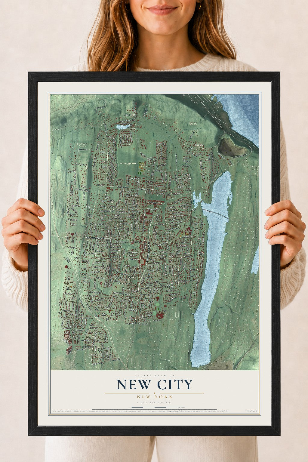 New City, New York map print, 18" x 24" W/ Black Ayous Wood Frame mockup
