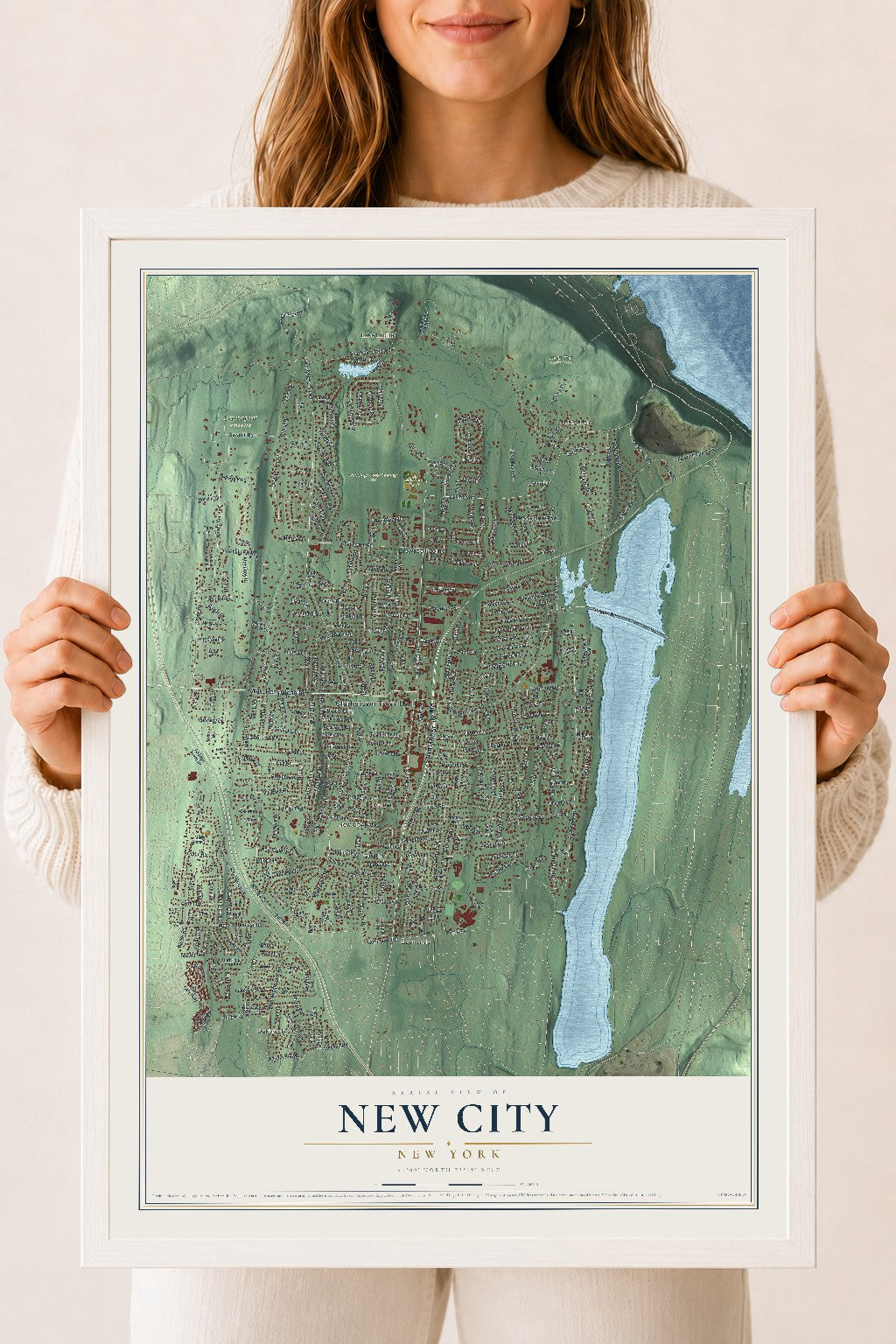 New City, New York map print, 18" x 24" W/ White Ayous Wood Frame mockup