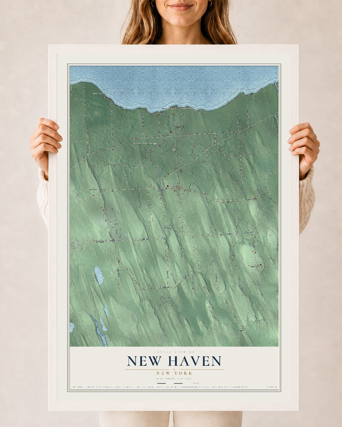 New Haven, New York map print, 24" x 36" W/ White Ayous Wood Frame mockup