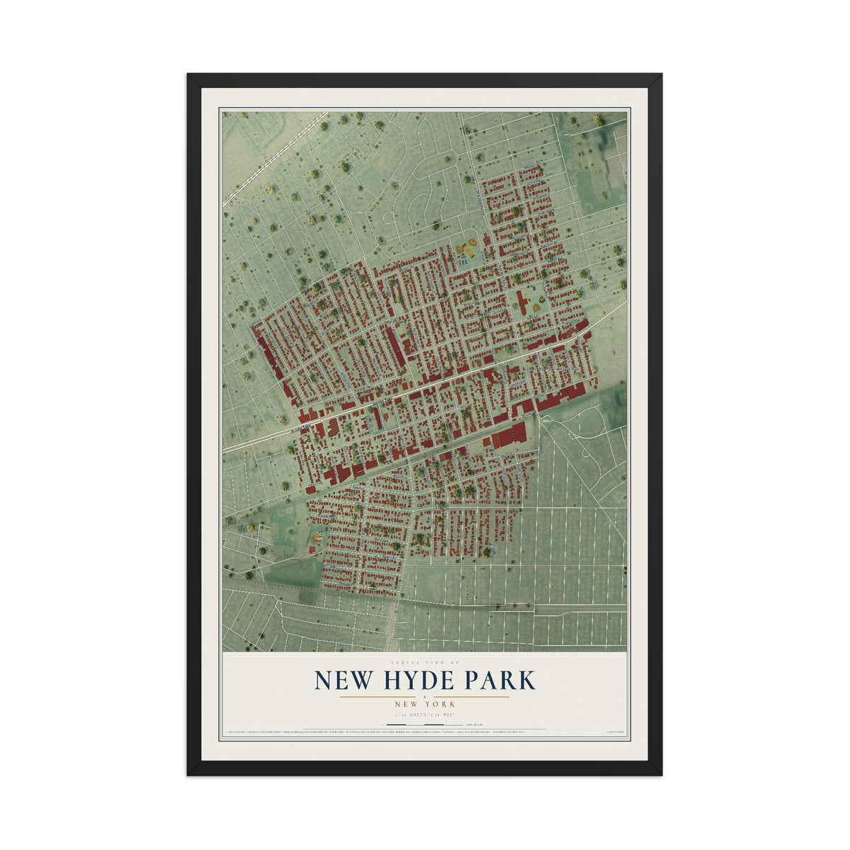 New Hyde Park, New York map print, 12" x 18" W/ Black Ayous Wood Frame mockup
