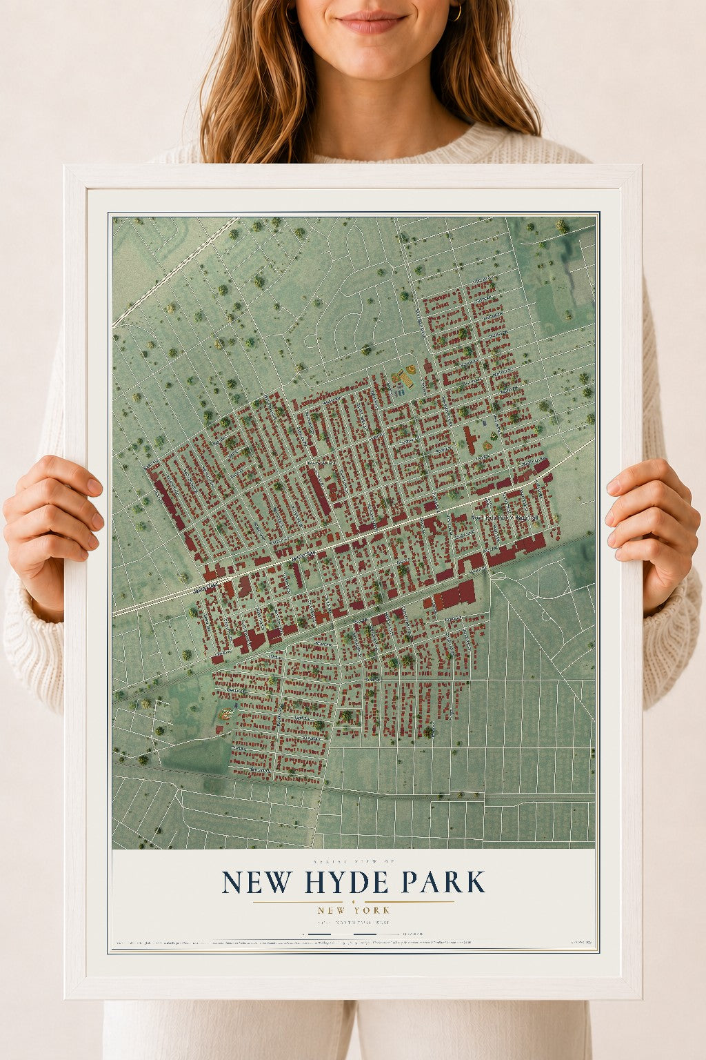New Hyde Park, New York map print, 18" x 24" W/ White Ayous Wood Frame mockup
