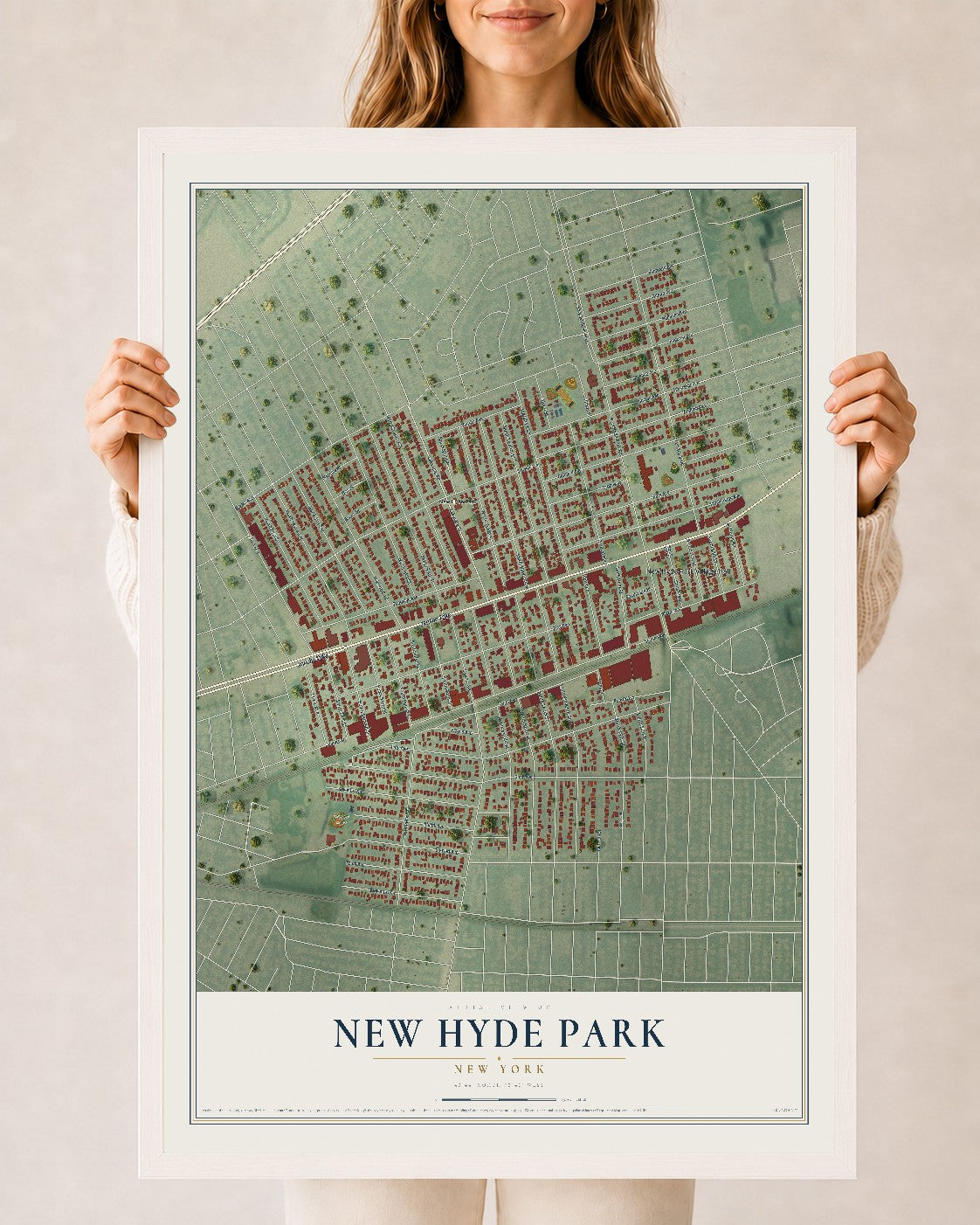 New Hyde Park, New York map print, 24" x 36" W/ White Ayous Wood Frame mockup