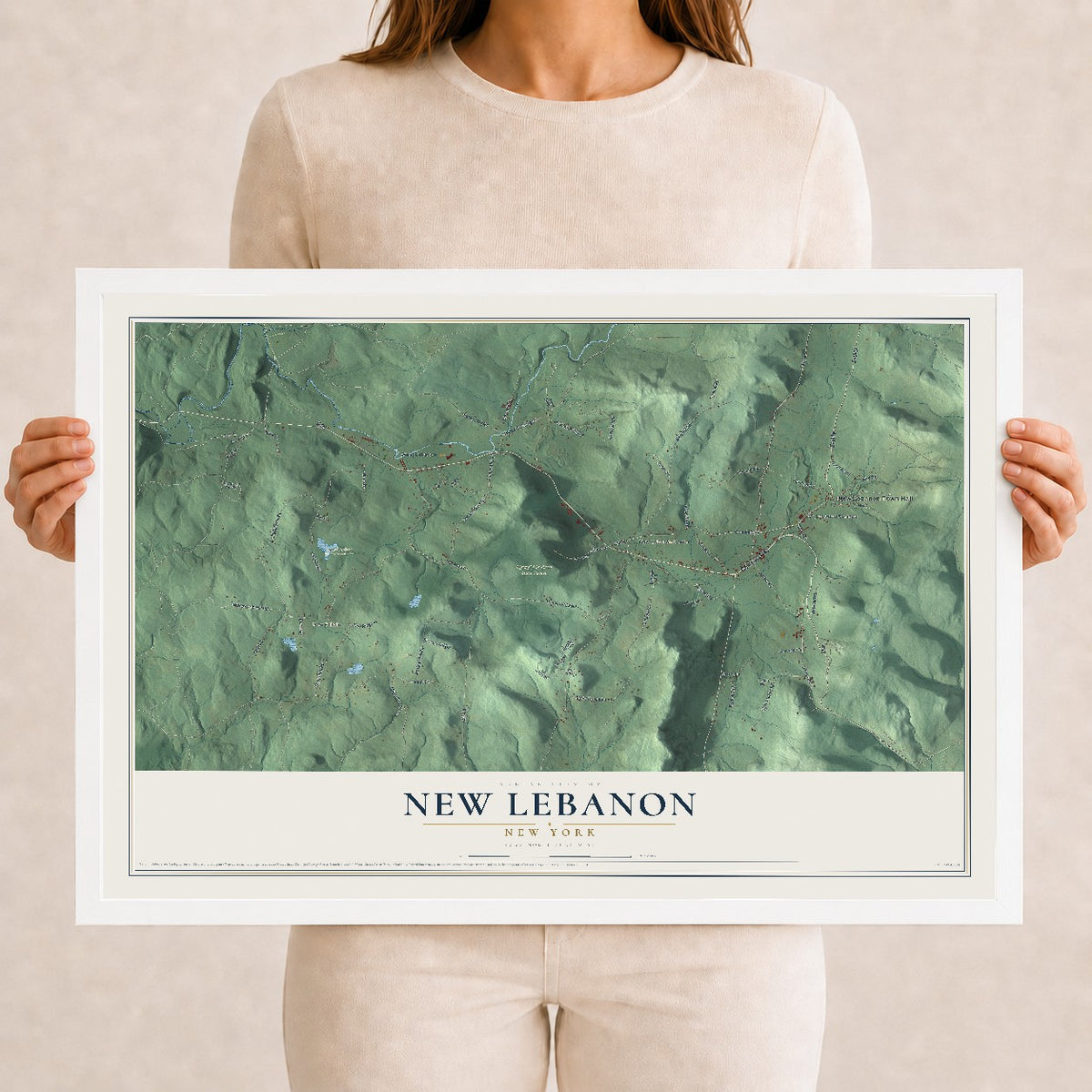 Map of New Lebanon, New York, 12 x 18 inch print in a white wood frame
