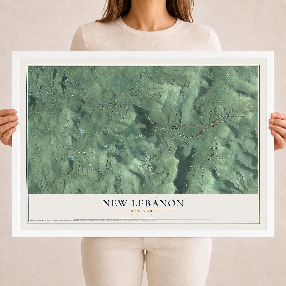 Map of New Lebanon, New York, 18 x 24 inch print in a white wood frame