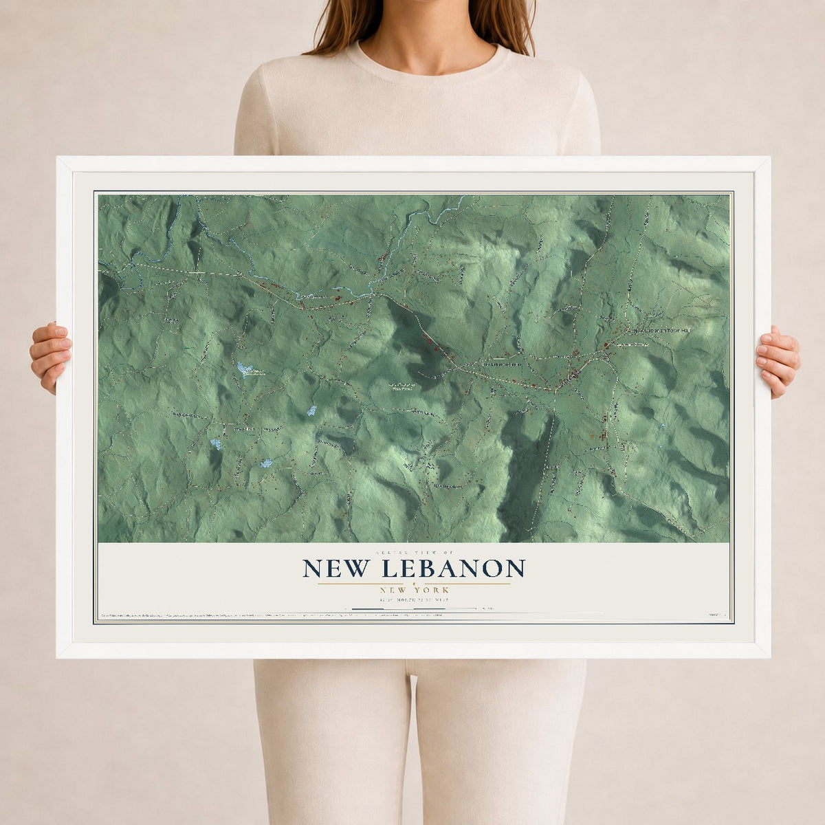 Map of New Lebanon, New York, 24 x 36 inch print in a white wood frame