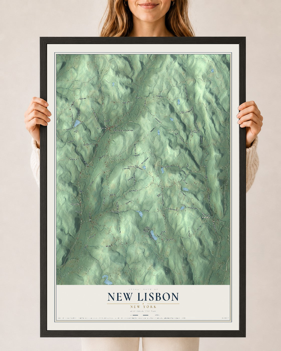 New Lisbon, New York map print, 24" x 36" W/ Black Ayous Wood Frame mockup