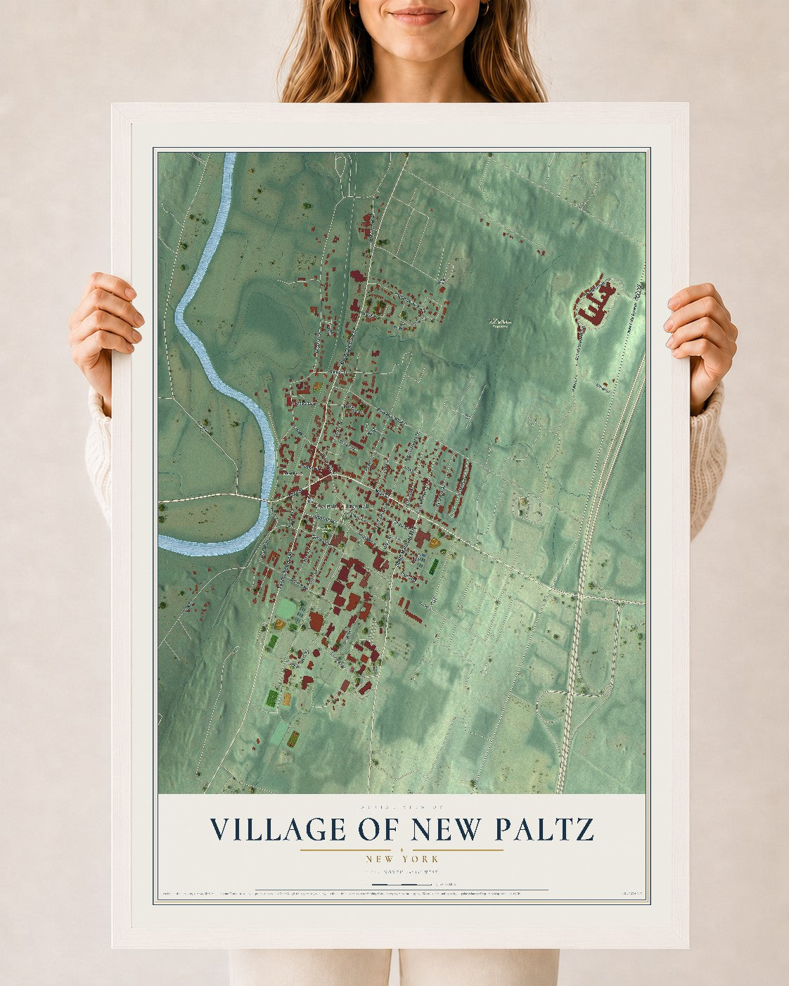 New Paltz, New York map print, 24" x 36" W/ White Ayous Wood Frame mockup