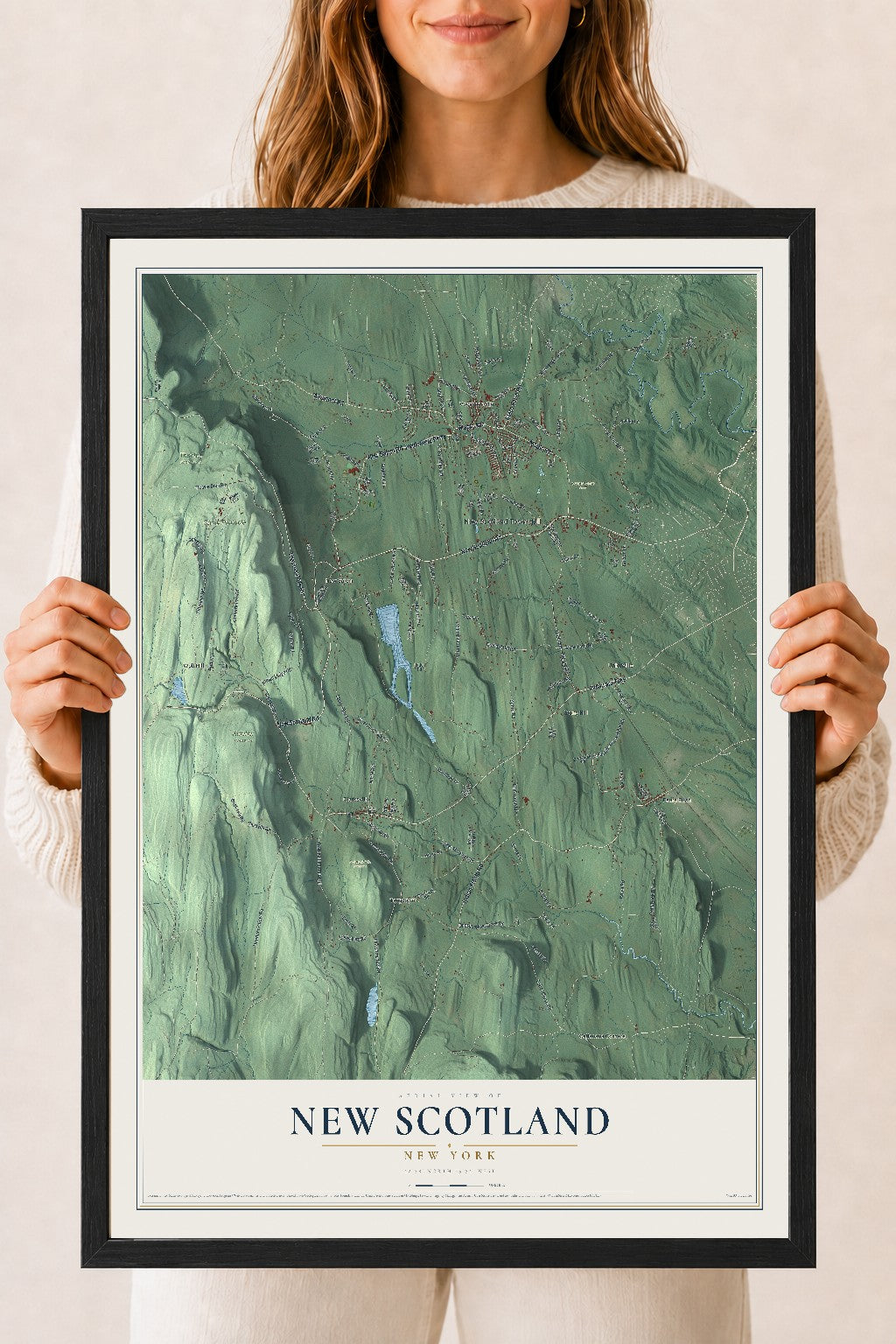 New Scotland, New York map print, 18" x 24" W/ Black Ayous Wood Frame mockup