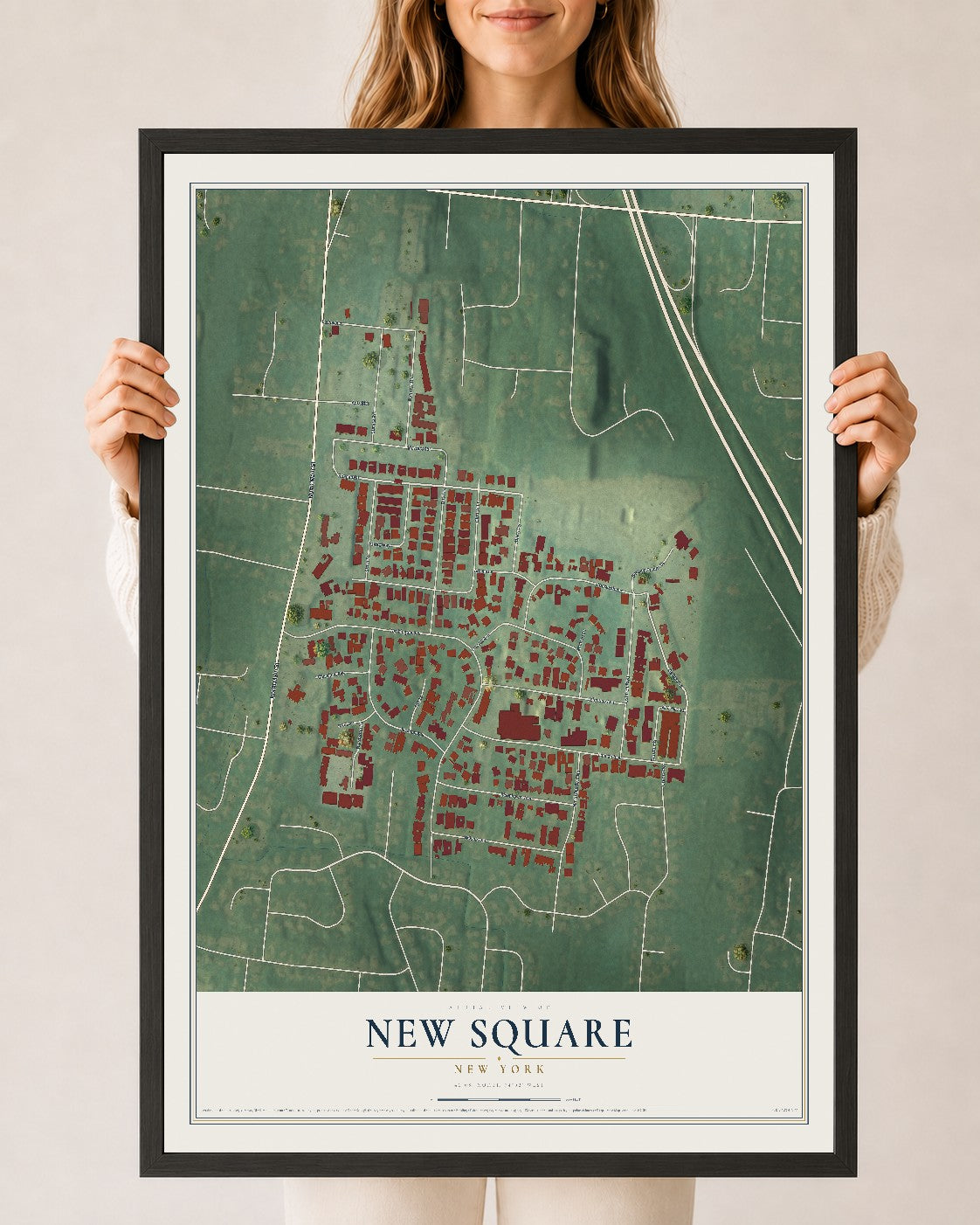 New Square, New York map print, 24" x 36" W/ Black Ayous Wood Frame mockup