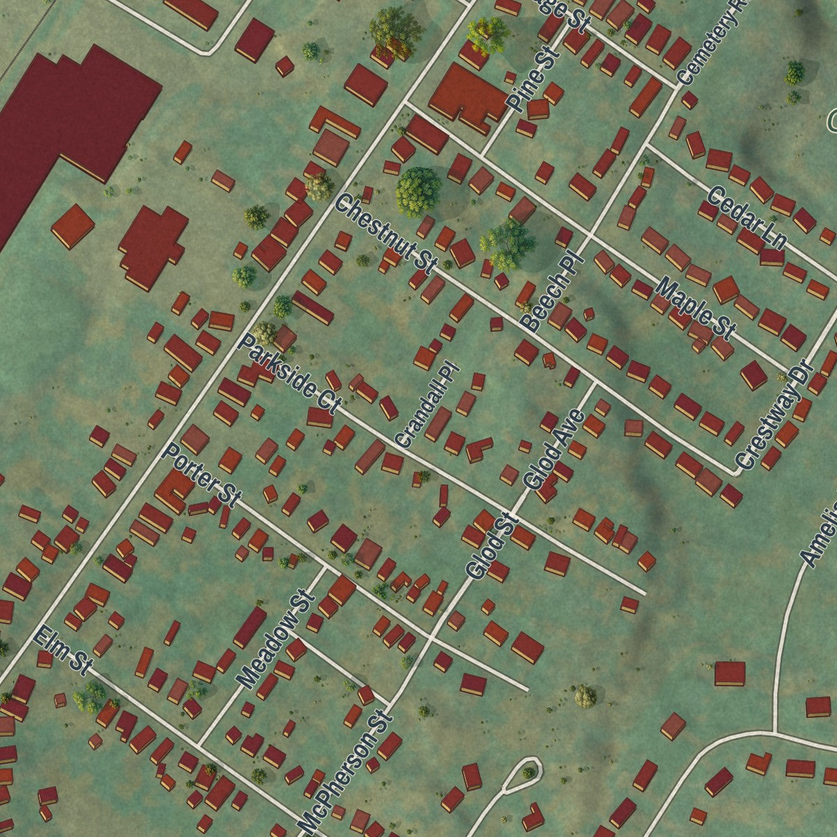 Close-up of the map of New York Mills, New York print showing street and building detail