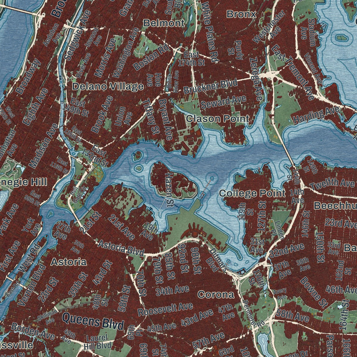 Close-up of the map of New York, New York print showing street and building detail