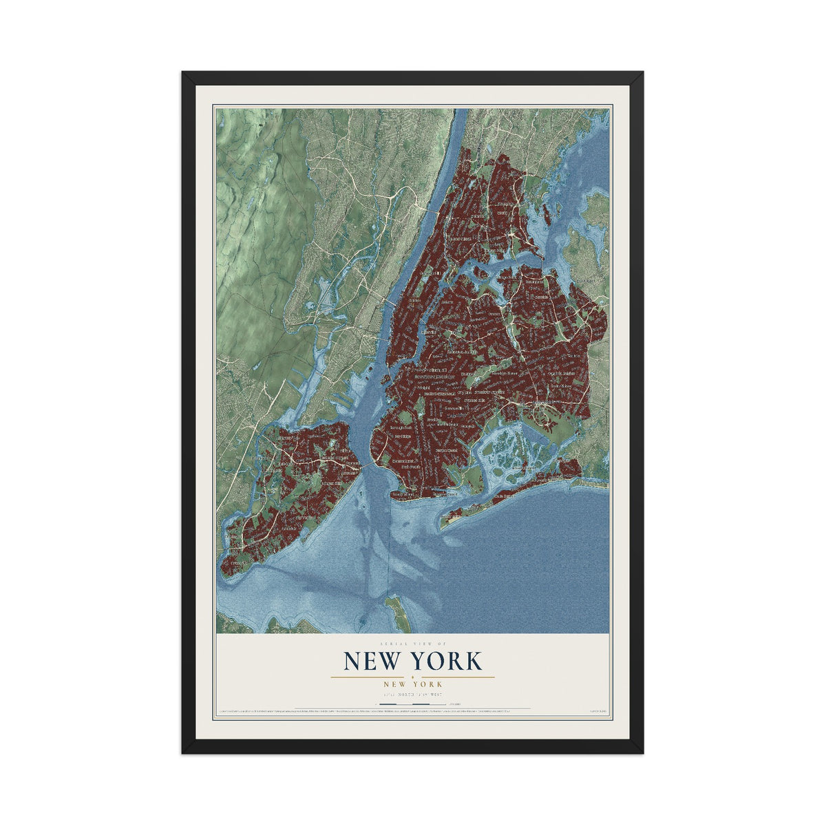 Map of New York, New York, 12 x 18 inch print in a black wood frame
