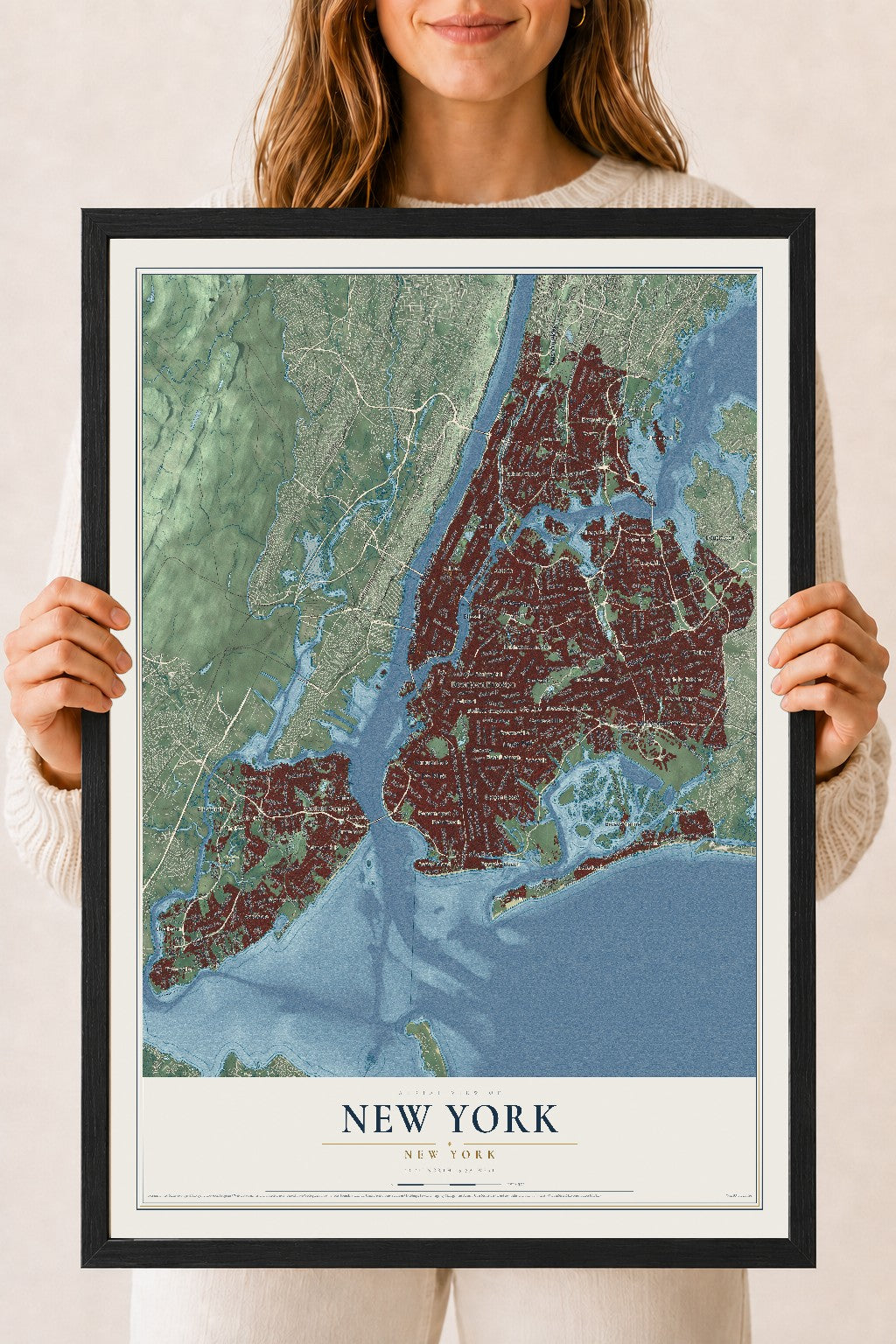 Map of New York, New York, 18 x 24 inch print in a black wood frame