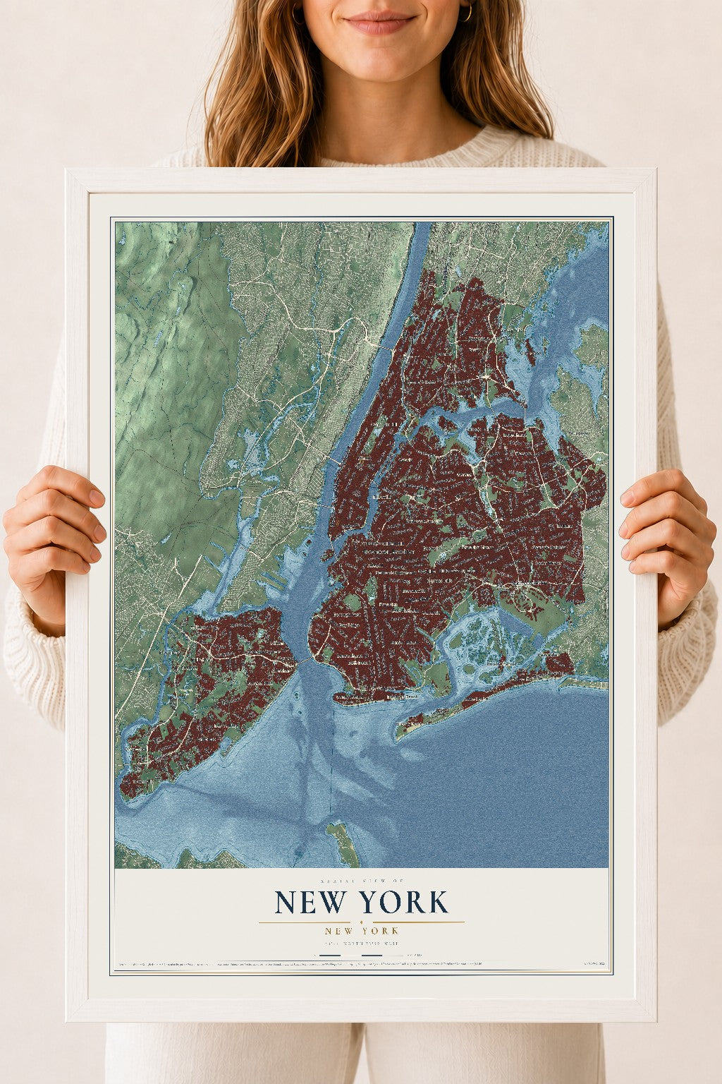 Map of New York, New York, 18 x 24 inch print in a white wood frame