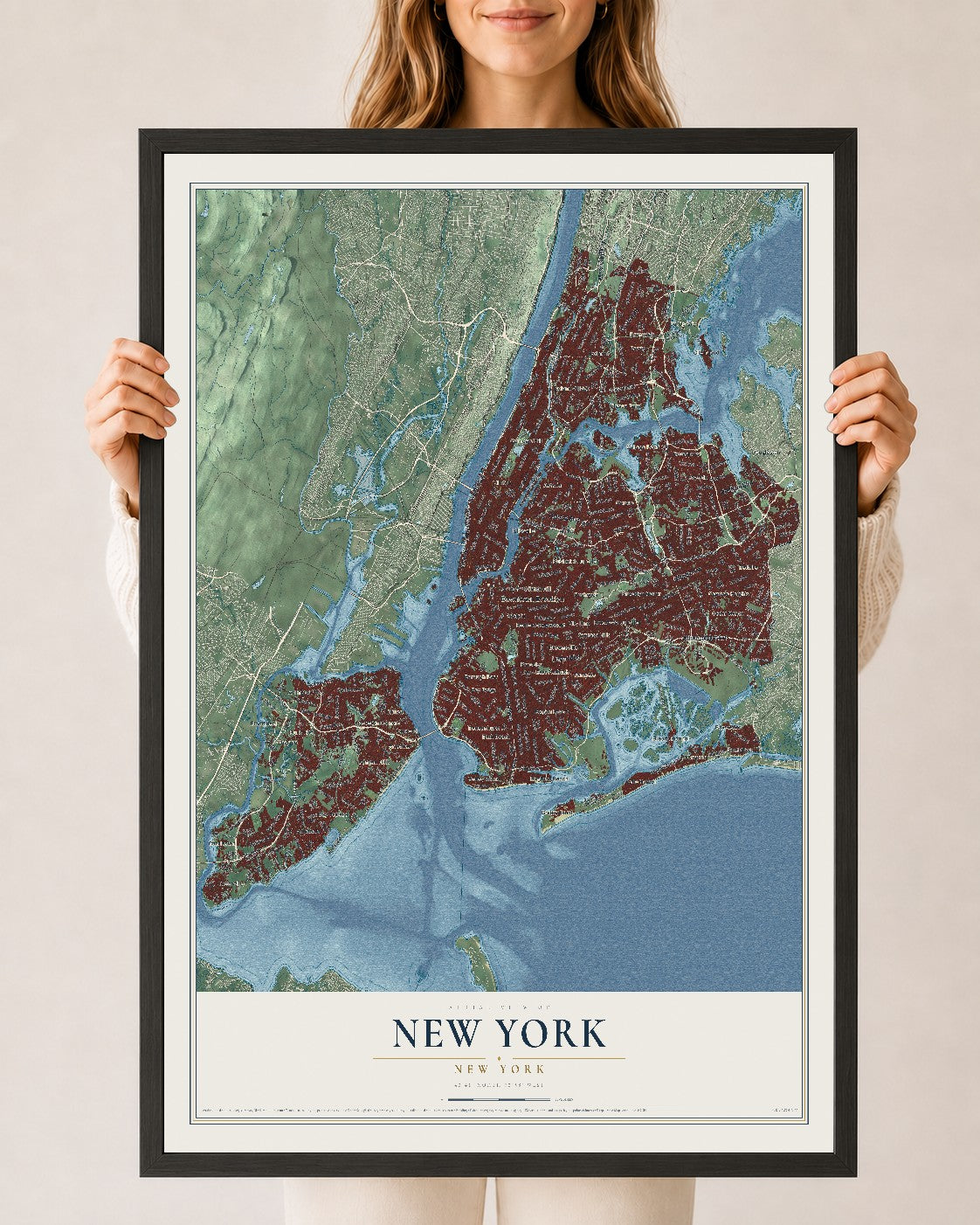 Map of New York, New York, 24 x 36 inch print in a black wood frame