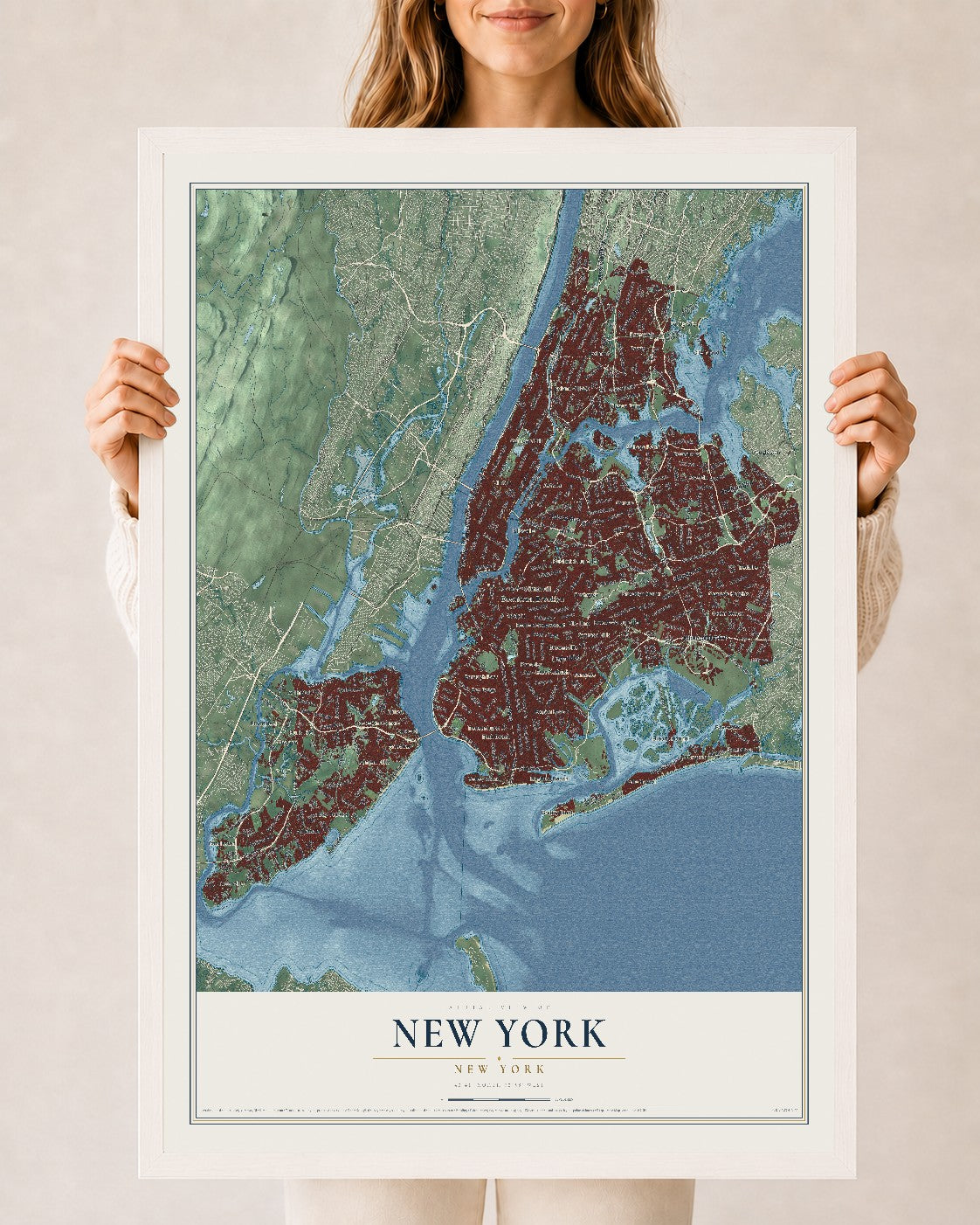 Map of New York, New York, 24 x 36 inch print in a white wood frame