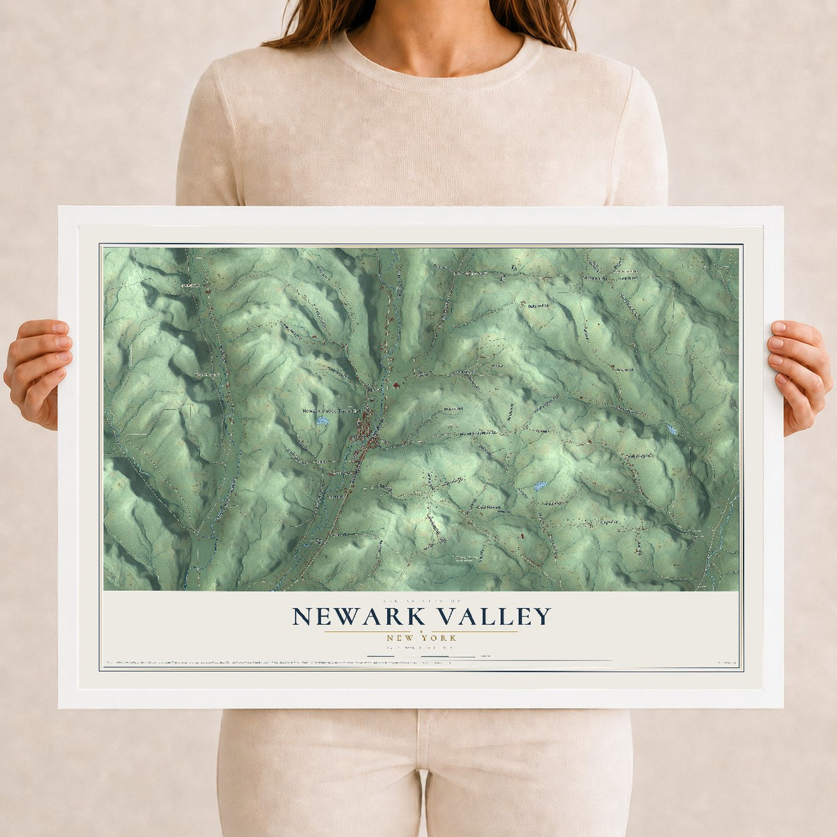 Newark Valley, New York map print, 12" x 18" W/ White Ayous Wood Frame mockup