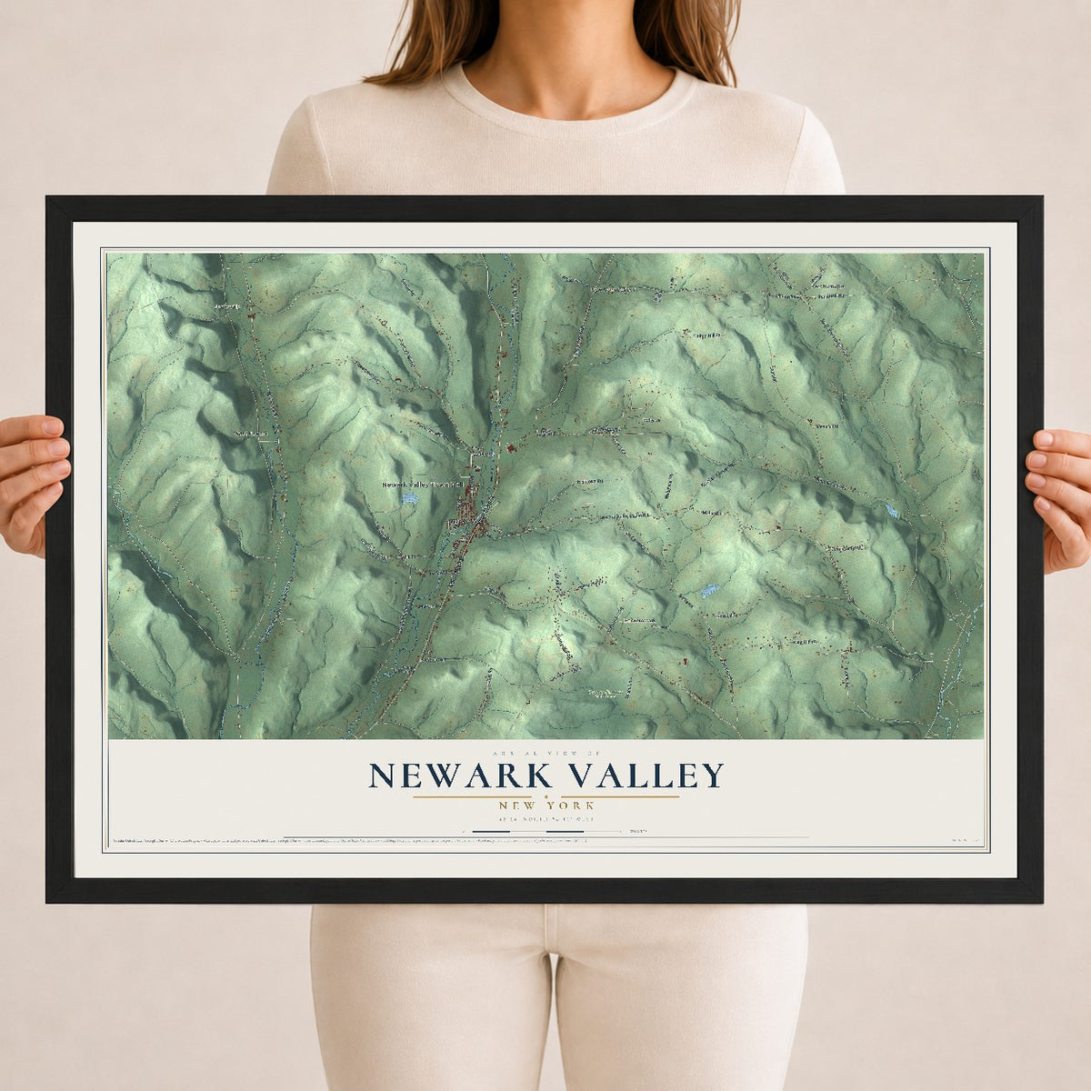 Newark Valley, New York map print, 18" x 24" W/ Black Ayous Wood Frame mockup