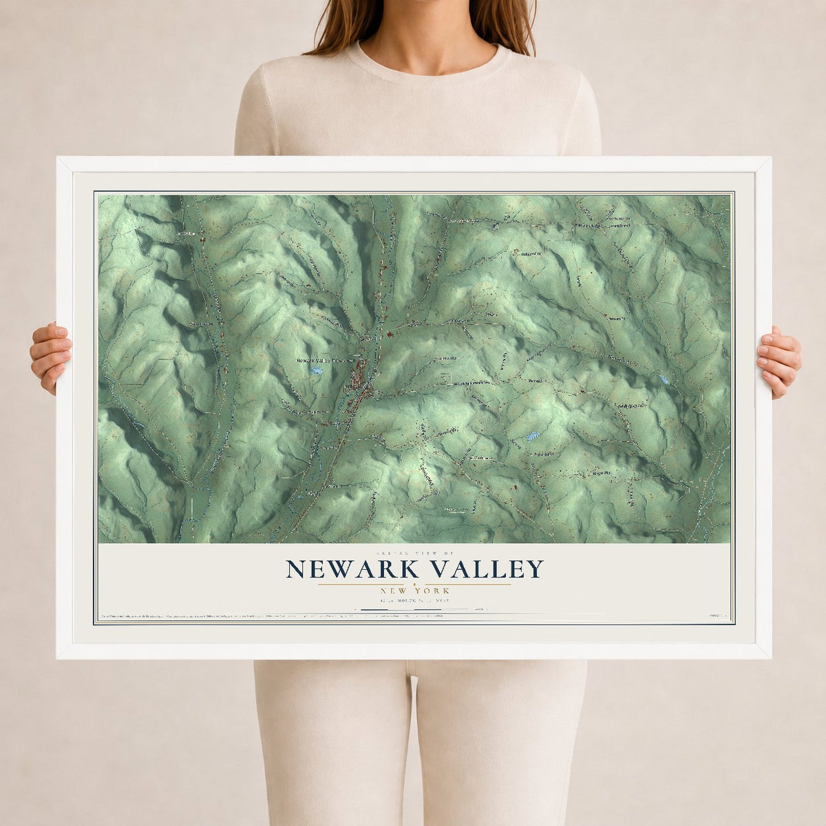 Newark Valley, New York map print, 24" x 36" W/ White Ayous Wood Frame mockup