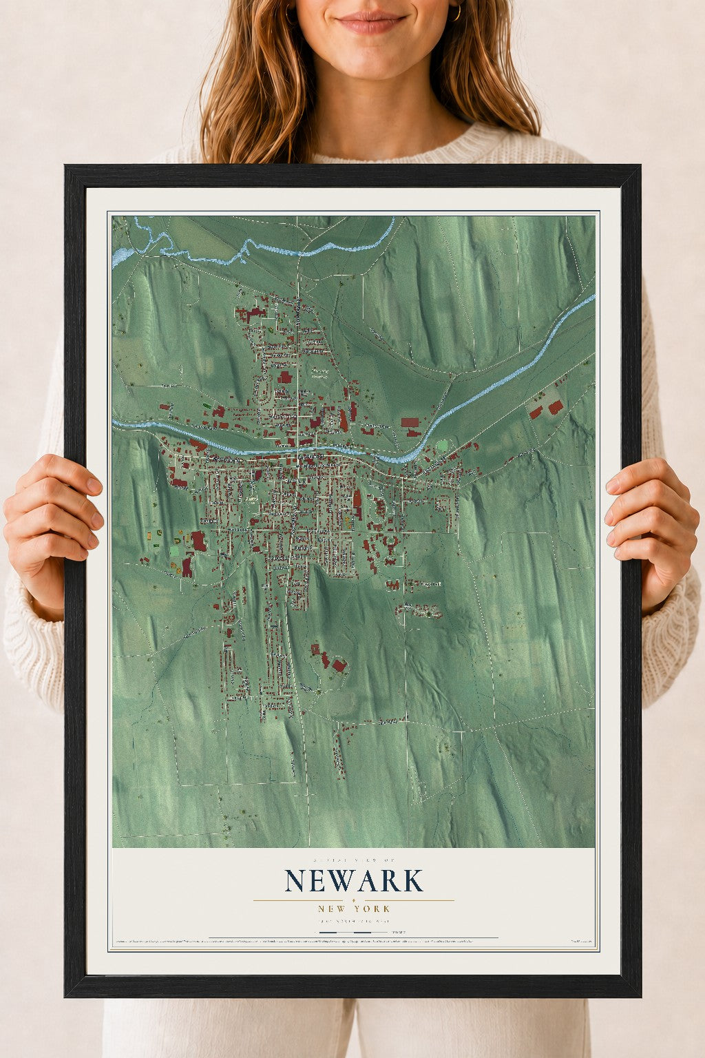 Newark, New York map print, 18" x 24" W/ Black Ayous Wood Frame mockup