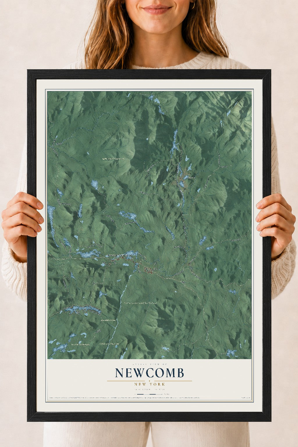 Newcomb, New York map print, 18" x 24" W/ Black Ayous Wood Frame mockup