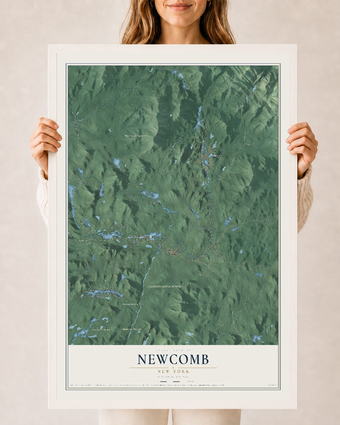 Newcomb, New York map print, 24" x 36" W/ White Ayous Wood Frame mockup