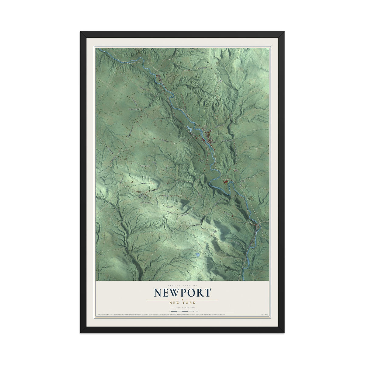 Newport, New York map print, 12" x 18" W/ Black Ayous Wood Frame mockup