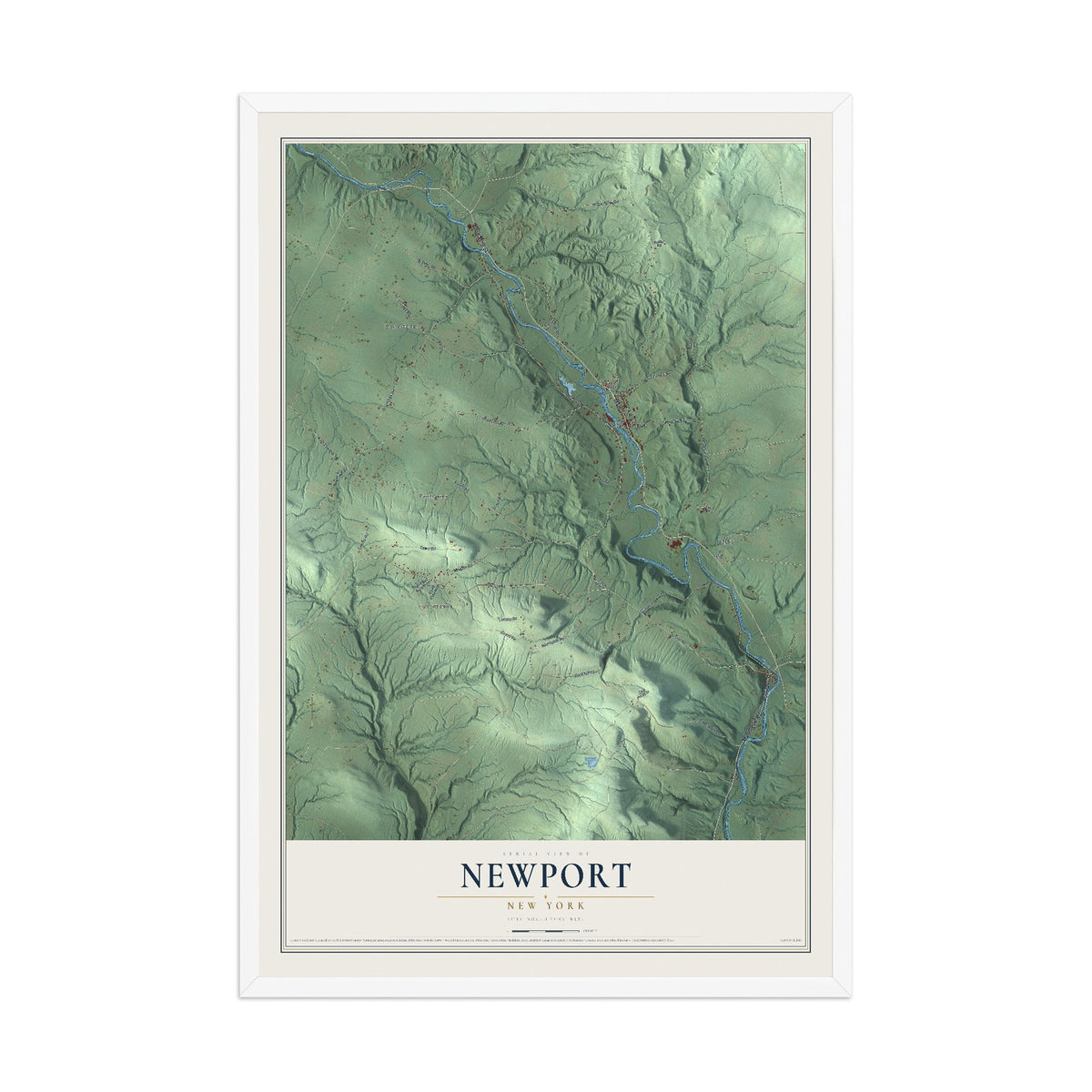 Newport, New York map print, 12" x 18" W/ White Ayous Wood Frame mockup