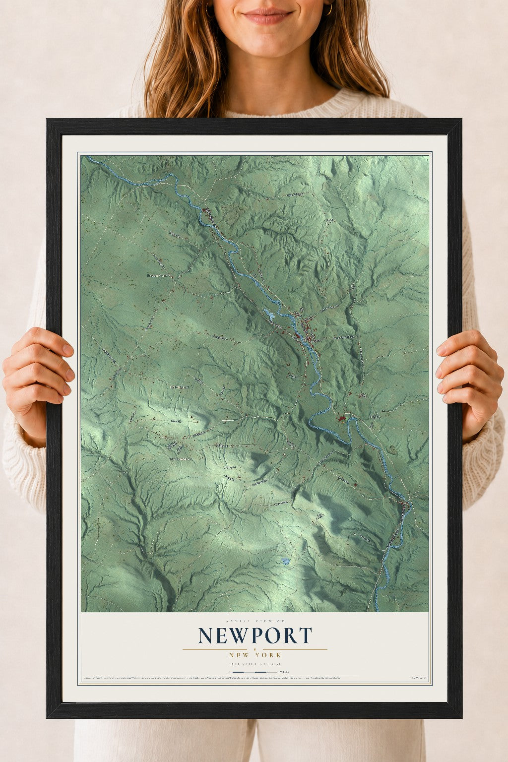 Newport, New York map print, 18" x 24" W/ Black Ayous Wood Frame mockup