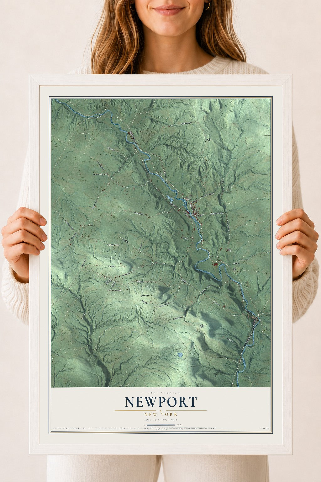 Newport, New York map print, 18" x 24" W/ White Ayous Wood Frame mockup