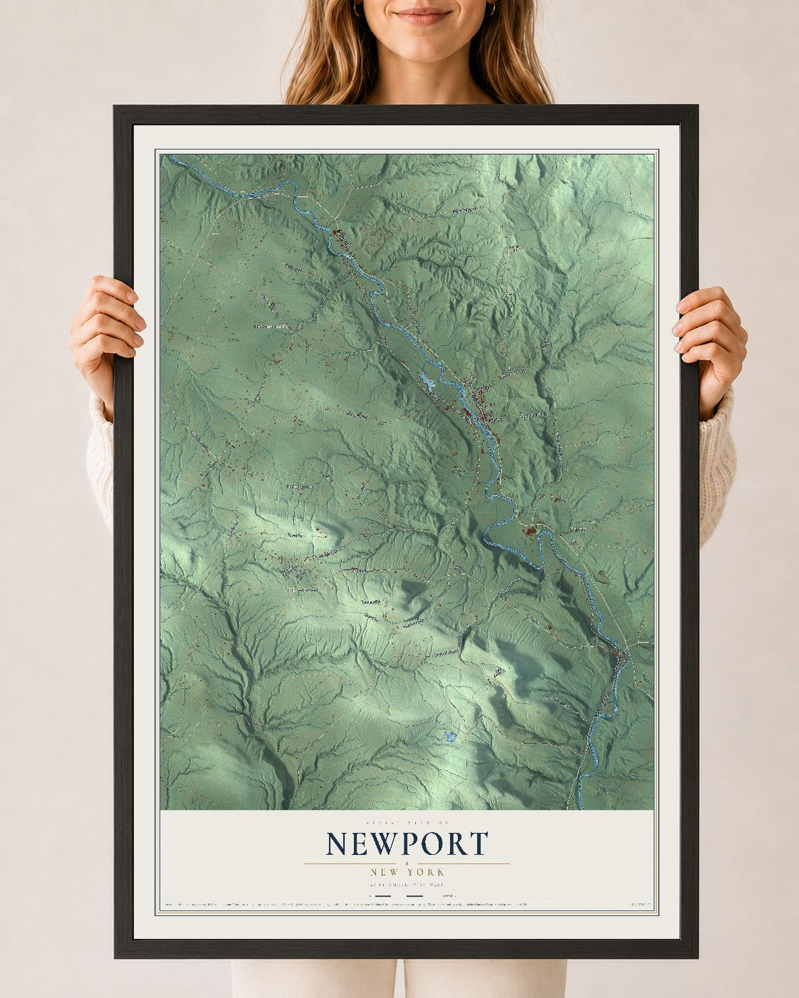 Newport, New York map print, 24" x 36" W/ Black Ayous Wood Frame mockup