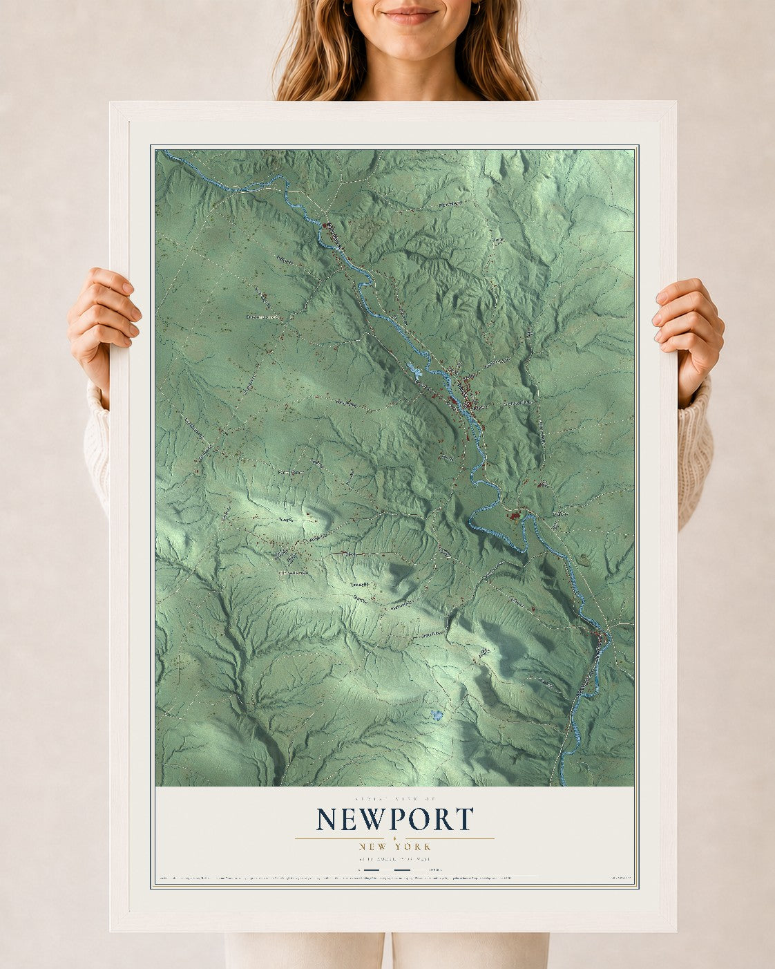 Newport, New York map print, 24" x 36" W/ White Ayous Wood Frame mockup