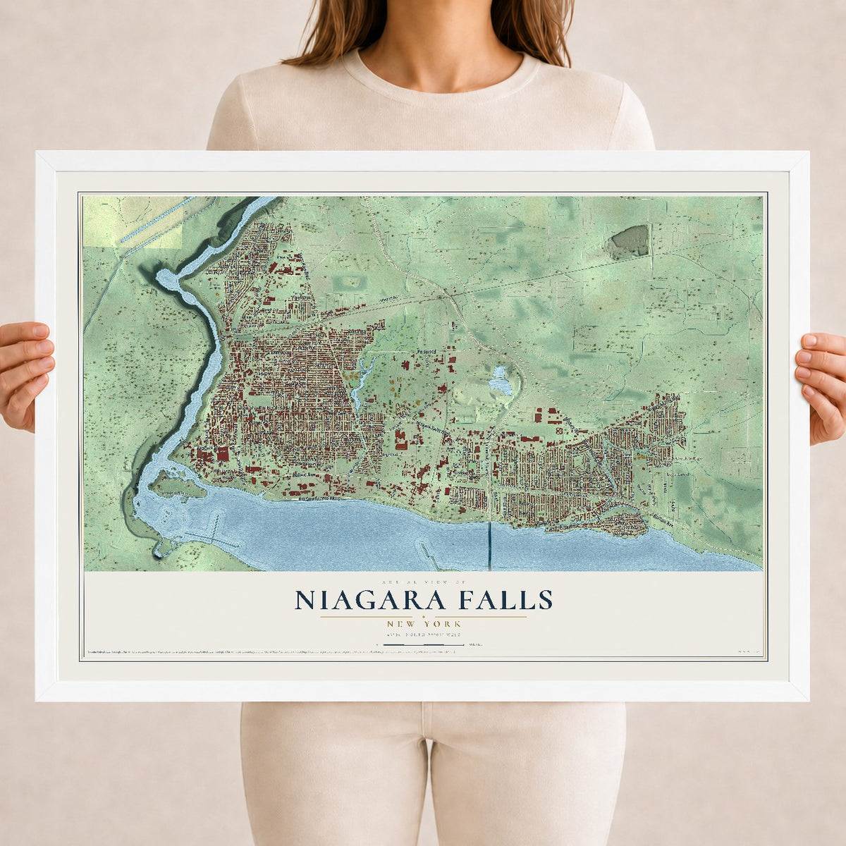 Niagara Falls, New York map print, 18" x 24" W/ White Ayous Wood Frame mockup