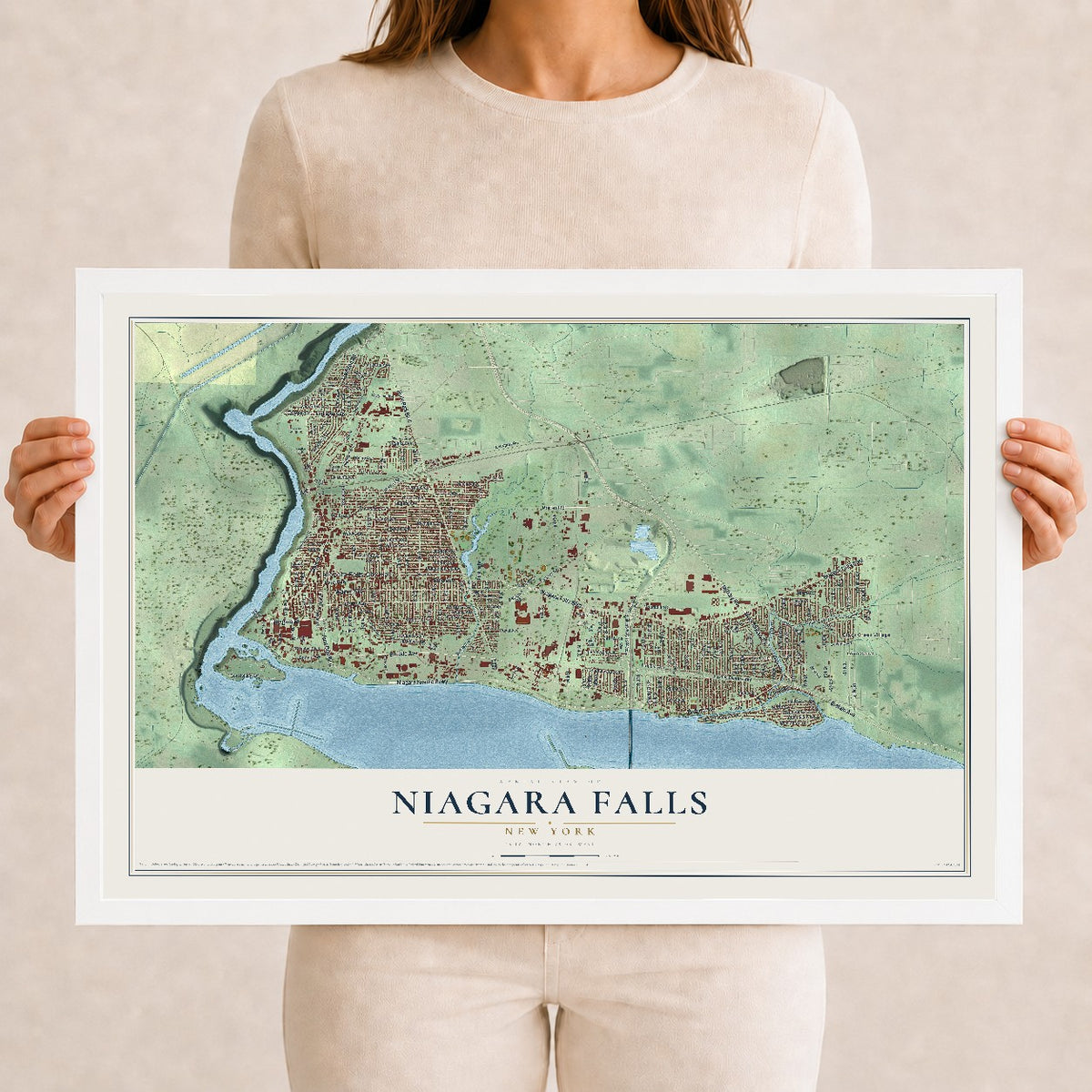 Map of Niagara Falls, New York, 12 x 18 inch print in a white wood frame