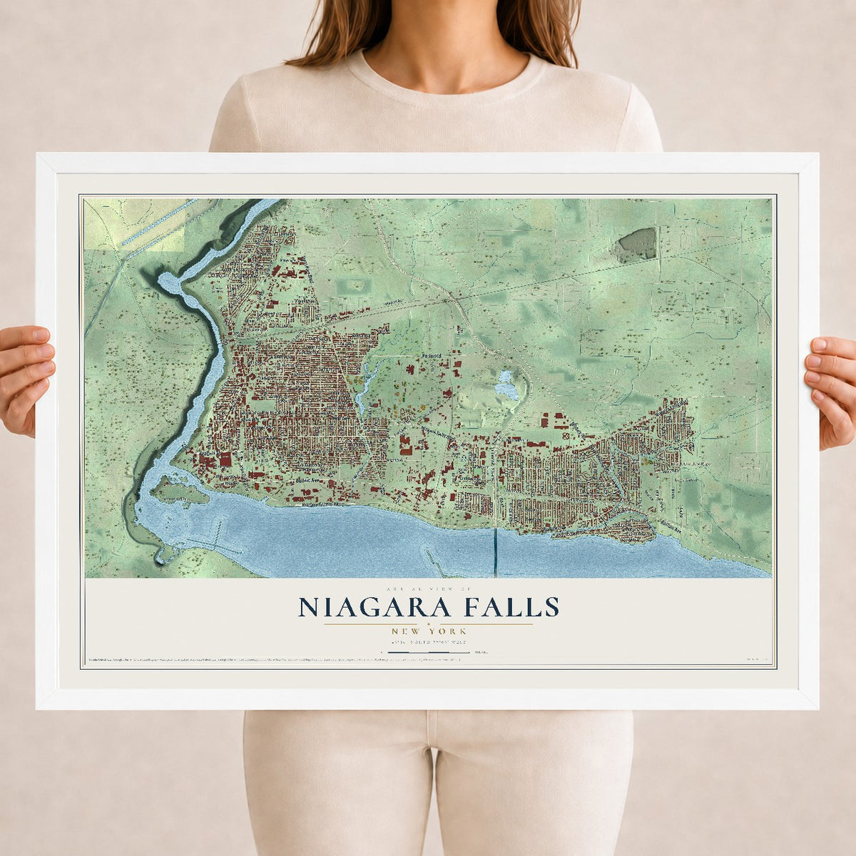 Map of Niagara Falls, New York, 18 x 24 inch print in a white wood frame