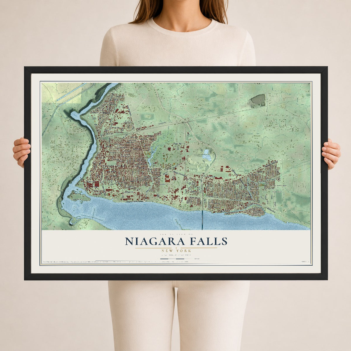 Map of Niagara Falls, New York, 24 x 36 inch print in a black wood frame