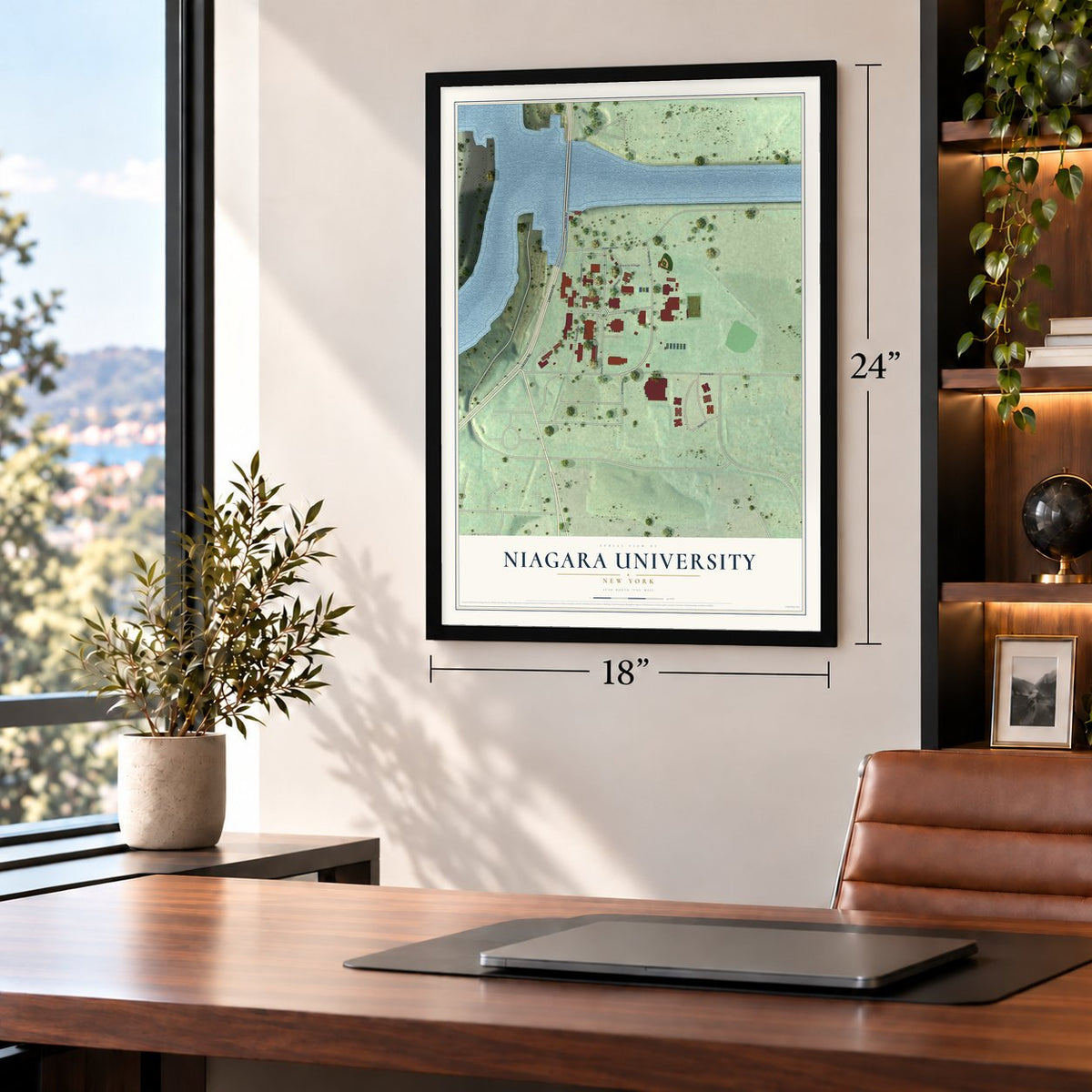 Niagara University, New York map, 18 x 24 inch print in a black frame in a home office