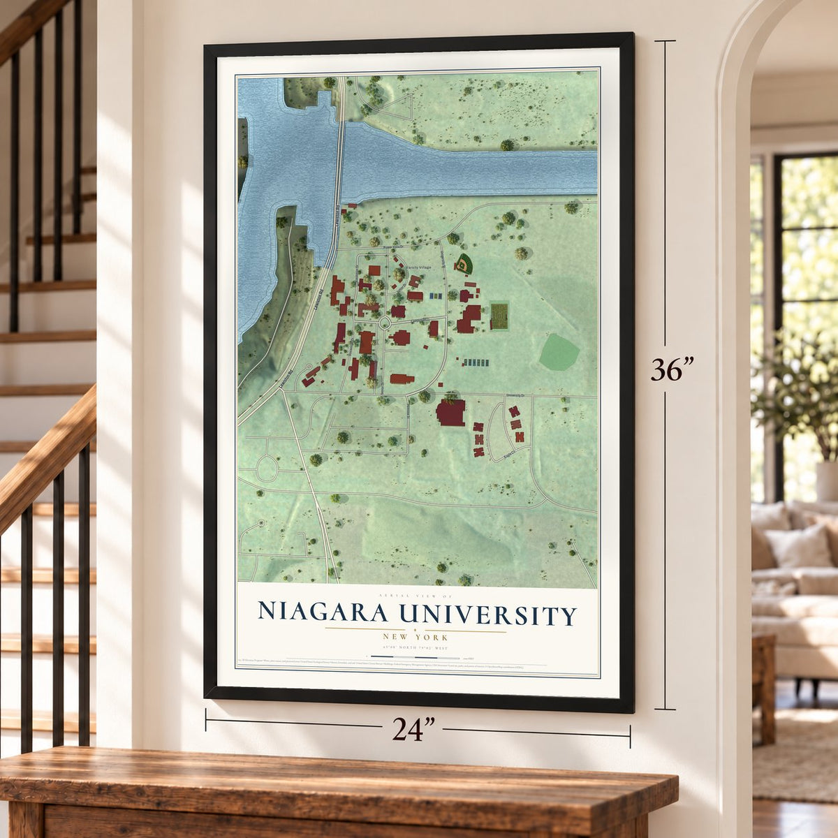 Niagara University, New York map, 24 x 36 inch print in a black frame by a staircase