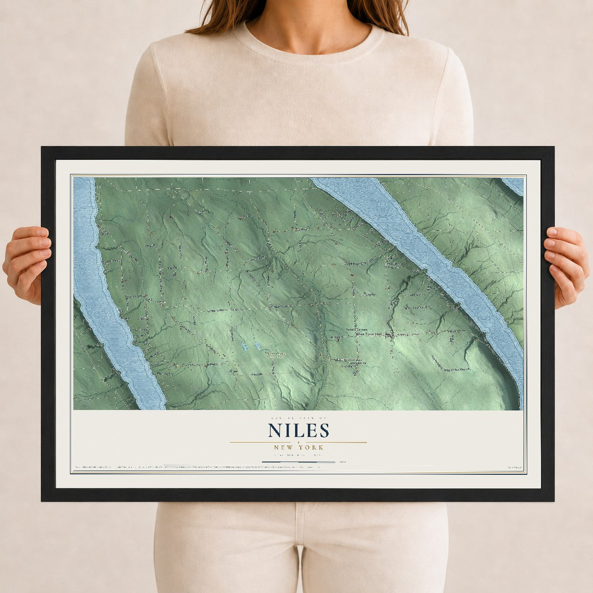 Niles, New York map print, 12" x 18" W/ Black Ayous Wood Frame mockup