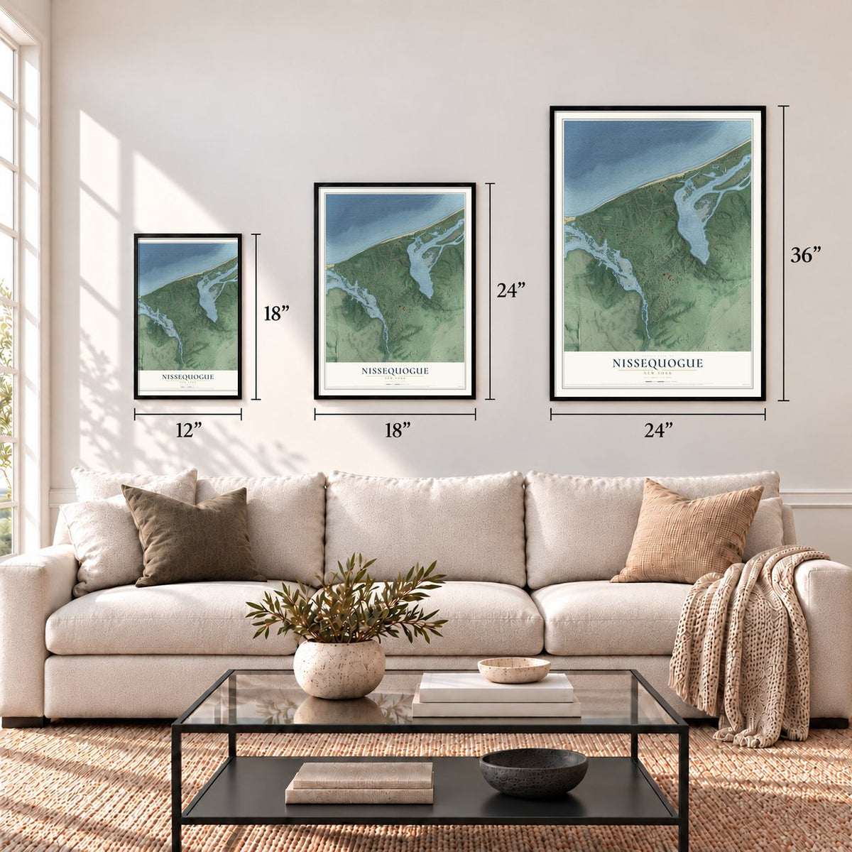 Nissequogue, New York map in 12 x 18, 18 x 24 and 24 x 36 inch sizes above a sofa