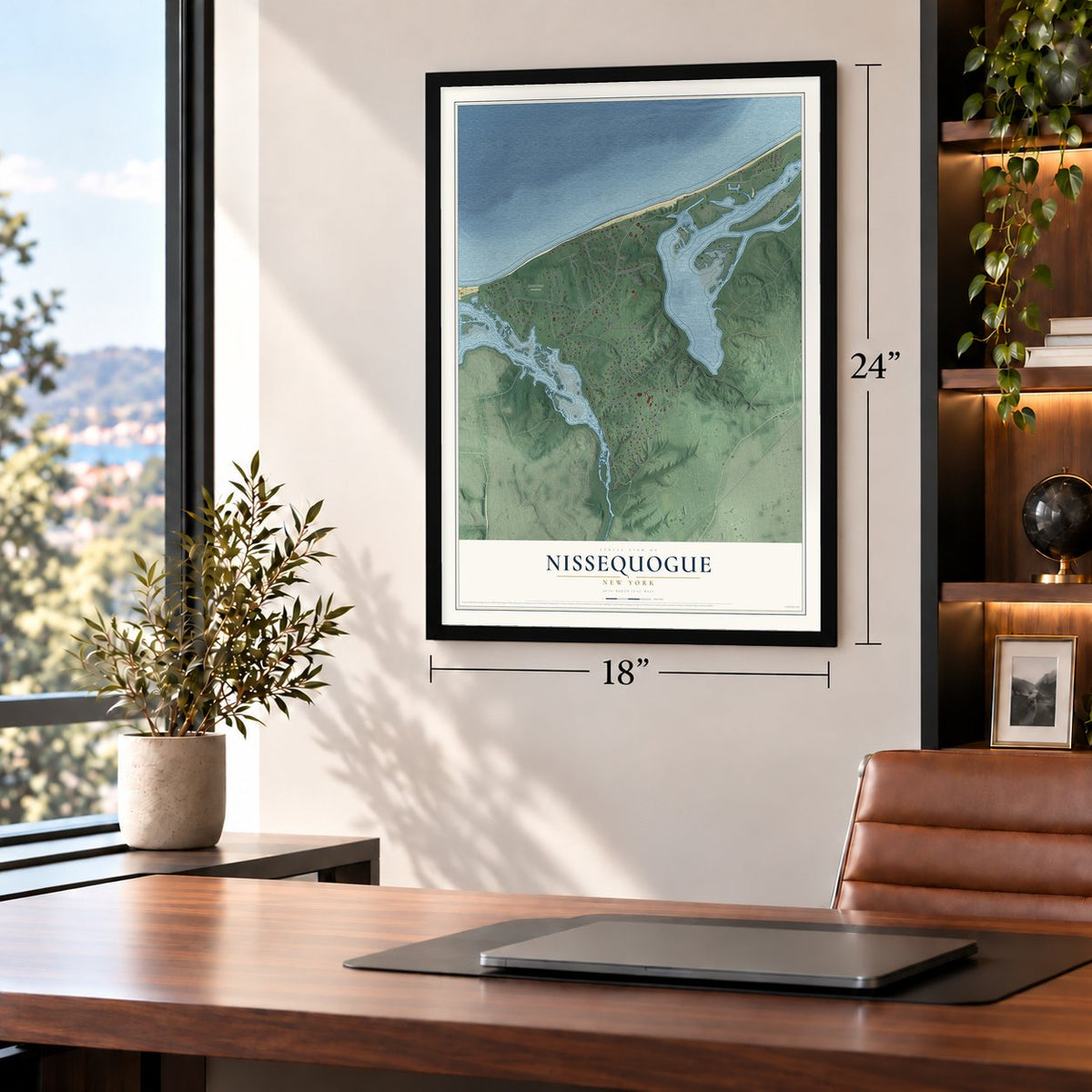Nissequogue, New York map, 18 x 24 inch print in a black frame in a home office
