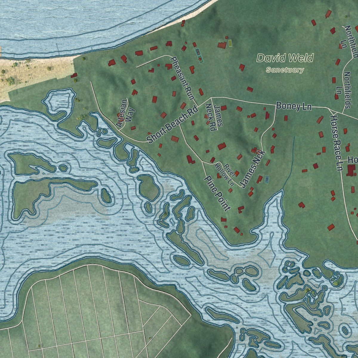 Close-up of the map of Nissequogue, New York print showing street and building detail