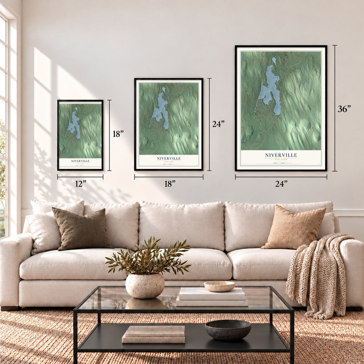 Niverville, New York map in 12 x 18, 18 x 24 and 24 x 36 inch sizes above a sofa