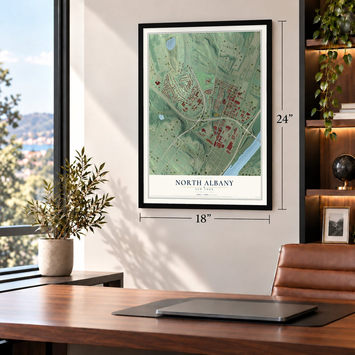 North Albany, New York map, 18 x 24 inch print in a black frame in a home office